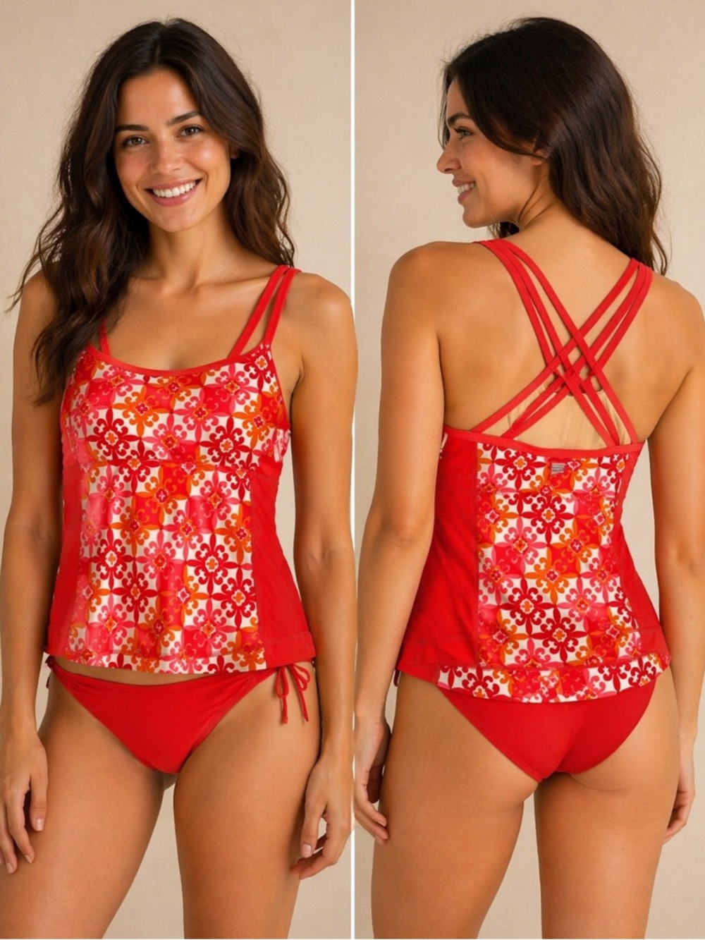 Lands End Coral Geometric Floral Tankini Top Swimsuit Size 16 NWT